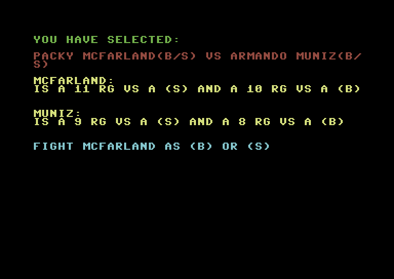TKO Pro Boxing Commodore 64 Screenshot: Here's the fighters you have selected...