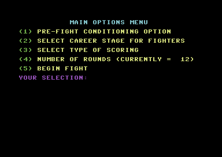 TKO Pro Boxing Commodore 64 Screenshot: The main options menu.