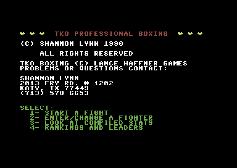 TKO Pro Boxing Commodore 64 Screenshot: Title screen.
