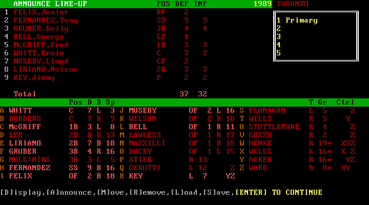 APBA Major League Players Baseball: 1990 Master Edition IBM PC/Compatibles Screenshot: Now setup the visiting team...