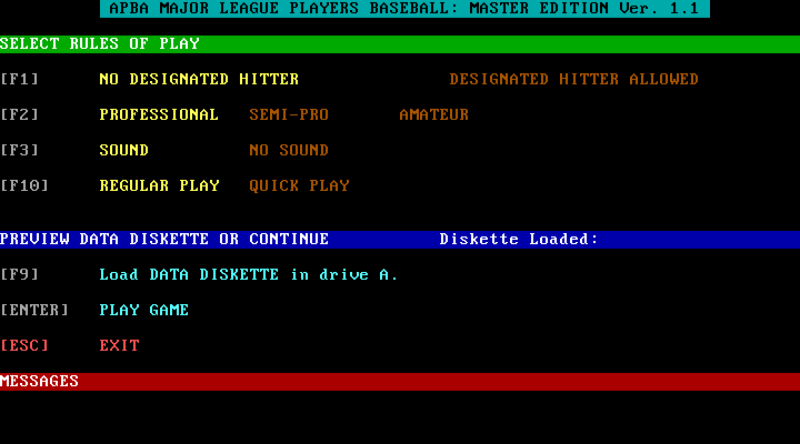 APBA Major League Players Baseball: 1990 Master Edition IBM PC/Compatibles Screenshot: Game options menu.