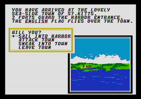 Sid Meier's Pirates! Apple II Screenshot: Do you want to just sail into this harbor, or maybe sneak in?