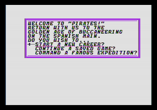 Sid Meier's Pirates! Apple II Screenshot: Main menu; start a new career?