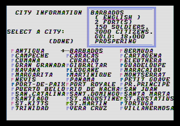 Sid Meier's Pirates! Apple II Screenshot: City information menu.