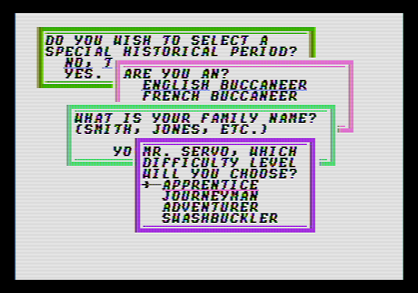 Sid Meier's Pirates! Apple II Screenshot: First, answer some questions to setup a new game.