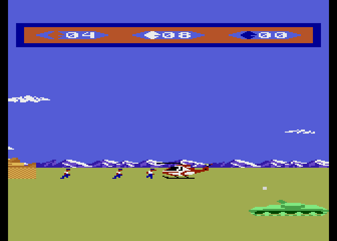 Choplifter! Atari 7800 Screenshot: Rescuing hostages; I need to get out of here quick, though!