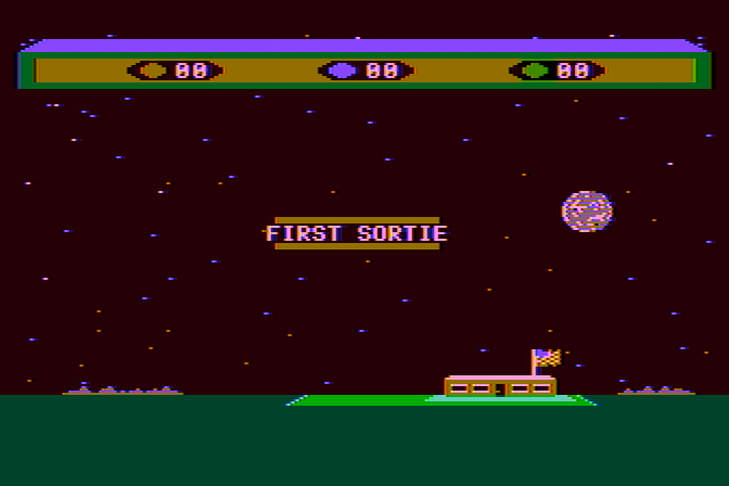 Choplifter! Atari 8-bit Screenshot: The game begins! First sortie...
