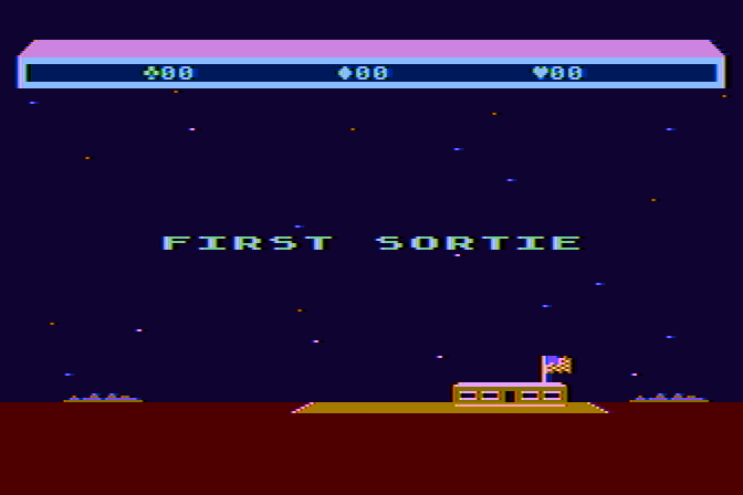 Choplifter! Atari 8-bit Screenshot: The game begins! First sortie...
