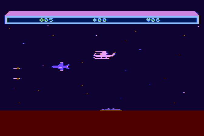 Choplifter! Atari 8-bit Screenshot: Those planes are quick, be careful!