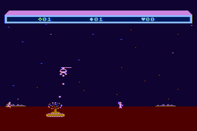 Choplifter! Atari 8-bit Screenshot: Attacking a tank...