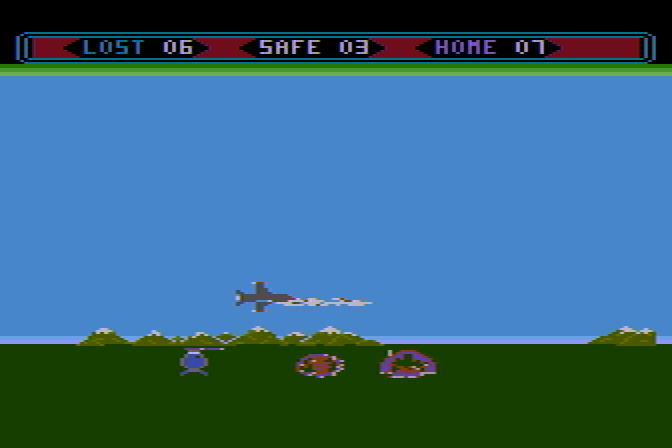 Choplifter! Atari 8-bit Screenshot: Careful, another incoming plane!