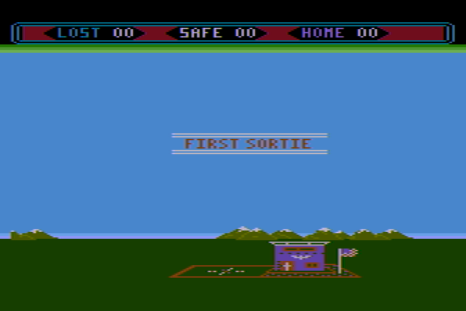 Choplifter! Atari 8-bit Screenshot: The game begins! First sortie...