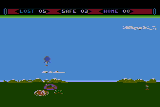 Choplifter! Atari 8-bit Screenshot: You may need to destroy enemies before landing...