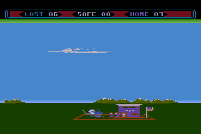 Choplifter! Atari 8-bit Screenshot: Dropping people off at the base...