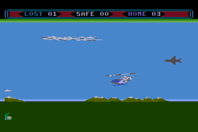 Choplifter! Atari 8-bit Screenshot: Watch out for those planes, they can be tricky...