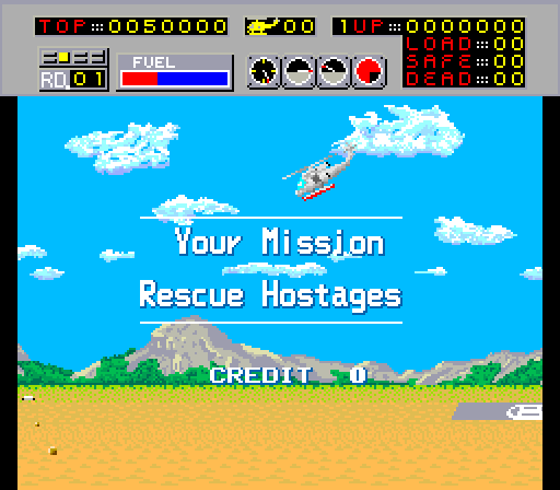 Choplifter! Arcade Screenshot: Game attract mode.
