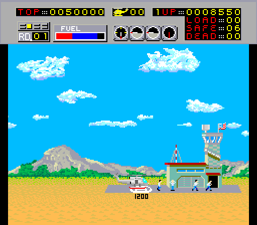 Choplifter! Arcade Screenshot: Dropping people off at the base...