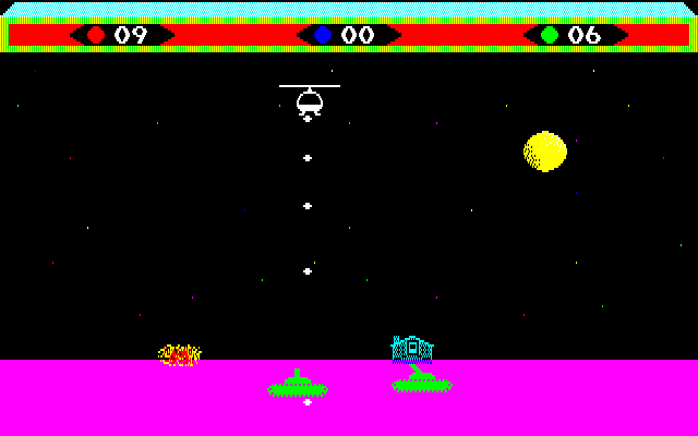 Choplifter! Fujitsu FM-7 Screenshot: Destroy these enemy tanks before landing...