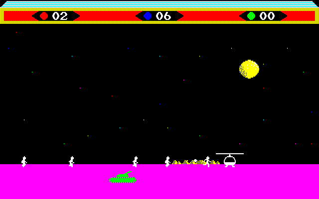 Choplifter! Fujitsu FM-7 Screenshot: Rescue in progress...but watch out for that incoming tank!
