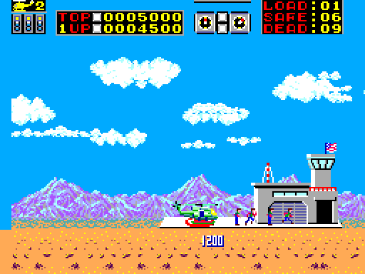 Choplifter! Sega Master System Screenshot: Dropping people off at the base...