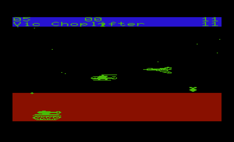 Choplifter! Commodore VIC-20 Screenshot: A plane sneaking up from behind!