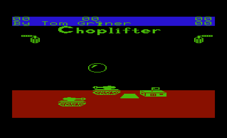 Choplifter! Commodore VIC-20 Screenshot: First, the title screen is drawn letter by letter by this bubble.