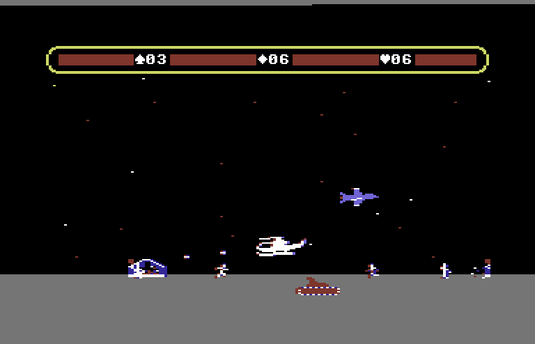Choplifter! Commodore 64 Screenshot: Tanks, planes, and more make the rescue mission difficult...