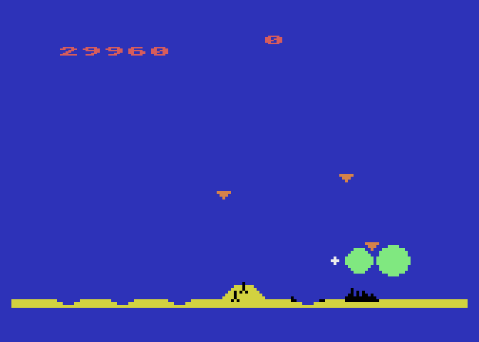 Missile Command Atari 5200 Screenshot: Those arrows are smart bombs...and touch to destroy!