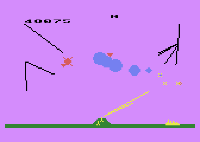 Missile Command Atari 5200 Screenshot: If that last city is destroyed, the game is over...