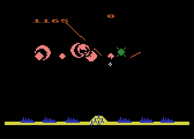 Missile Command Atari 5200 Screenshot: The game starts slow with few missiles...
