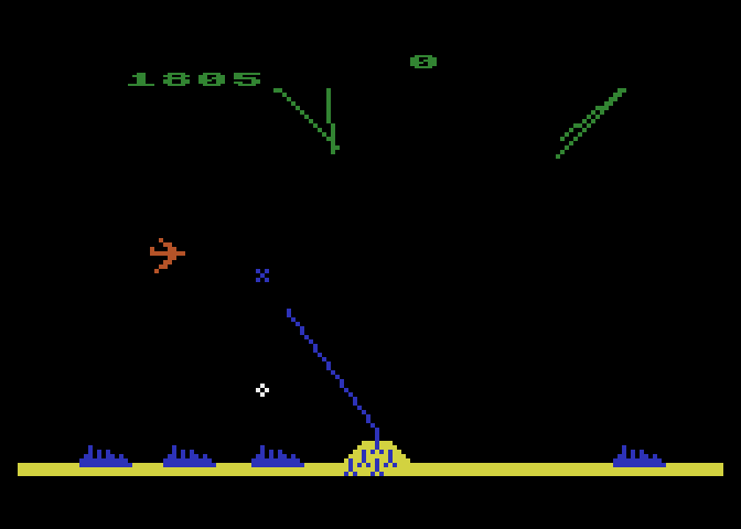 Missile Command Atari 5200 Screenshot: Shoot the plane before it launches more missiles...!