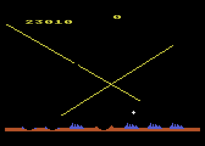 Missile Command Atari 5200 Screenshot: My base has been destroyed, and I'm out of ammo!
