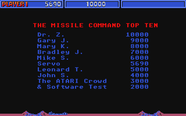 Missile Command Atari ST Screenshot: The high score table.