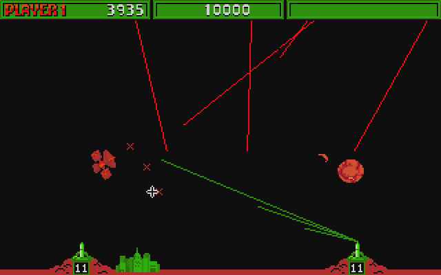 Missile Command Atari ST Screenshot: I only have one city left!