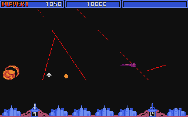 Missile Command Atari ST Screenshot: Watch out for those incoming planes!