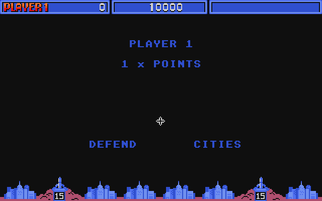 Missile Command Atari ST Screenshot: Game start; defend the cities!