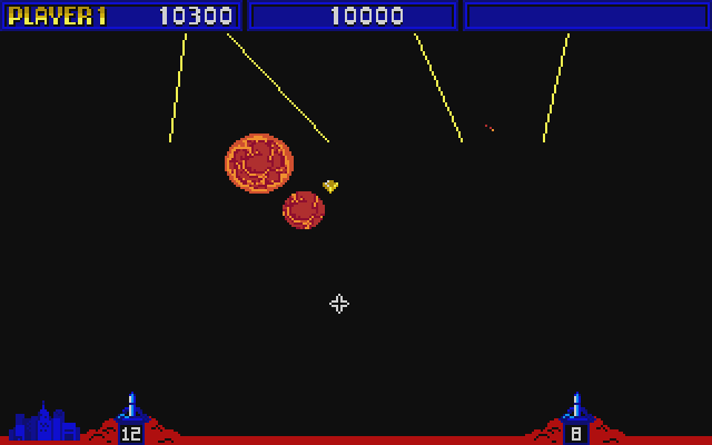 Missile Command Atari ST Screenshot: Those smart bombs are extra tricky to destroy!
