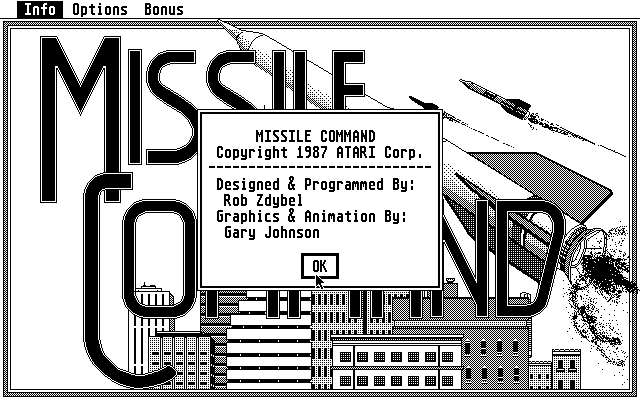 Missile Command Atari ST Screenshot: About the game...