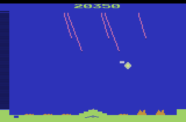 Missile Command Atari 2600 Screenshot: I have only two cities left to protect...