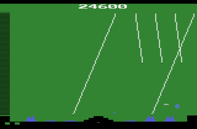 Missile Command Atari 2600 Screenshot: A city is about to be destroyed!