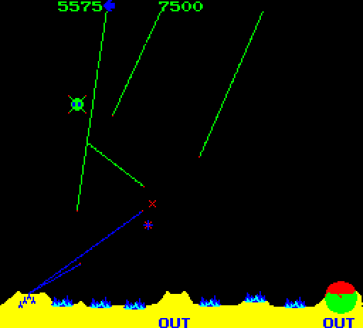Missile Command Arcade Screenshot: Uh oh, I'm almost out of ammo!