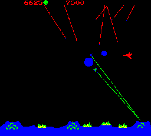 Missile Command Arcade Screenshot: Incoming missiles!