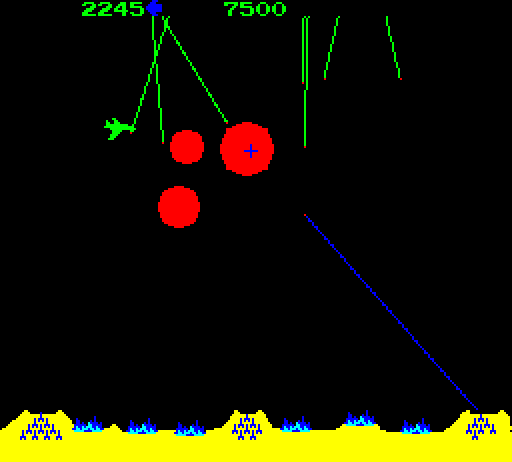 Missile Command Arcade Screenshot: Shoot the planes before they drop more bombs!