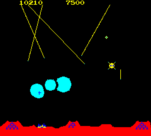 Missile Command Arcade Screenshot: Smart bombs appear in this round which are very tough to destroy...