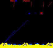 Missile Command for Arcade - Starting on round two various satellites and planes appear.
