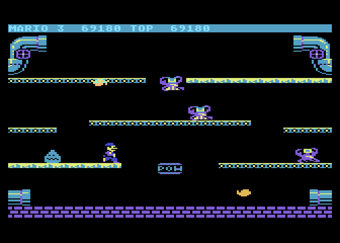 Mario Bros. Atari 5200 Screenshot: It's difficult to stop moving on the frozen platforms.