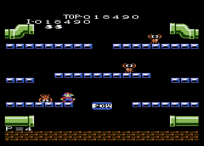 Mario Bros. Atari 7800 Screenshot: The sidesteppers need to be hit twice before they are knocked over.