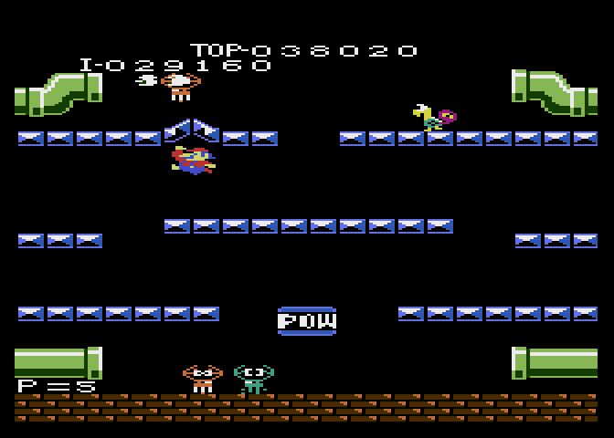 Mario Bros. Atari 7800 Screenshot: Jumping up to hit the platform beneath a pest.