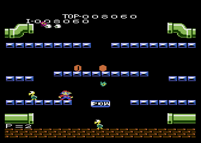 Mario Bros. Atari 7800 Screenshot: Collect the coins, but avoid the fireballs!