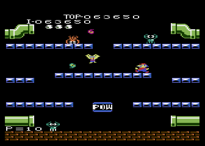 Mario Bros. Atari 7800 Screenshot: Kick pests that are flipped over before they get up.